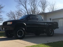 1995 Toyota T100 SR5 4x4. 5in superlift lift kit, bilstein 5100 shocks. Front and rear Lockrite locking diffs, bushwacker extenda flares, aisin manual hub conversion, Big axle tube swap, 33x12.50 dick Cepek mud country tires, tinted windows, sway bar disconnects and building a winch bumper for it right now