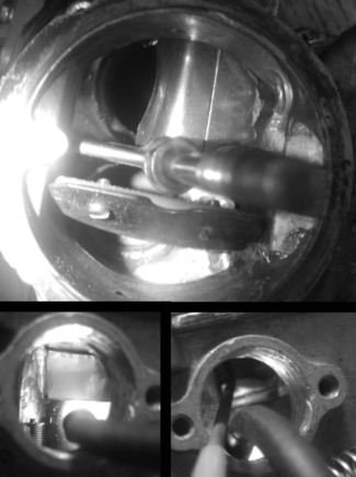 A top-down view of the barrels. The blocking plate can be seen covering the spot where the baffle was cut too short and air was able to bypass the valve. Below is a view of the one-way valve through the gas inlet port, both in the closed and open position. The valve should be able to be opened and shut by gravity alone by gently rocking the desegregator back and forth. It is not necessary for the one-way valve to seal perfectly, only for it to provide enough resistance that an adequate amount of